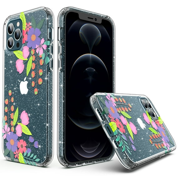 ULAK Clear iPhone 12 Pro Max Case, Stylish Sparkle Slim Protective Heavy Duty Shockproof Bumper Phone Case for iPhone 12 Pro Max 6.7 inch for Women Girls, Strawberry Flora