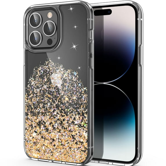 ULAK Glitter Case for iPhone 14 Pro Max, Clear Slim Shockproof Bumper Phone Case for Apple iPhone 14 Pro Max 2022 for Women Girls, Gold Glitter
