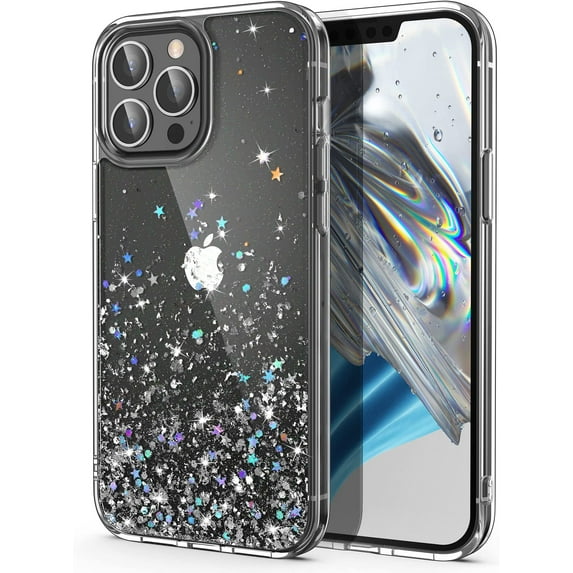 ULAK Glitter Case for iPhone 14 Pro Max, Clear Slim Shockproof Bumper Phone Case for Apple iPhone 14 Pro Max 2022 for Women Girls, Silver Stars