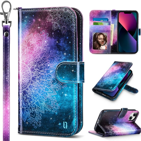 ULAK Wallet Case for iPhone 13 for Women Girls, Kickstand Phone Case with Card Holder for Apple iPhone 13 6.1 inch 2021, Mandala Floral