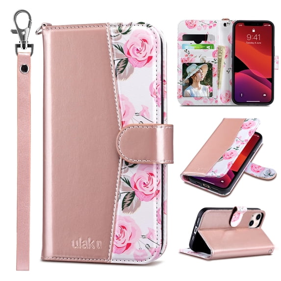 ULAK Wallet Case for iPhone 13 for Women Girls, Kickstand Phone Case with Card Holder for Apple iPhone 13 6.1 inch 2021, Rose Gold