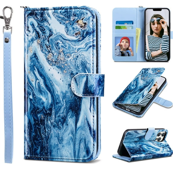 ULAK Wallet Case for iPhone 13 Pro Max for Women Girls, Kickstand Folio Flip Phone Case with Card Holder for Apple iPhone 13 Pro Max 6.7 inch 2021, Blue Stone