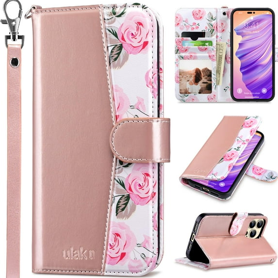 ULAK Wallet Case for iPhone 14 Pro for Women Girls, Kickstand 14pro Phone Case with Card Holder for Apple iPhone 14 Pro 6.1 inch 2022, Rose Gold Flora