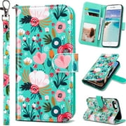 ULAK Wallet Phone Case for iPhone SE 5G 2022,iPhone SE 2020,iPhone 8 7,Shockproof Kickstand Flip Case for Apple iPhone SE 3 2 Geneneration/7/8 with Credit Card Holder for Girls Women,Mint Floral