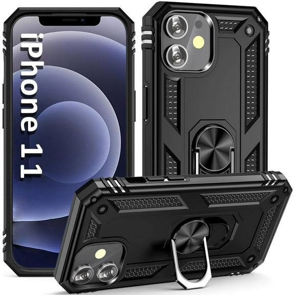 ULAK iPhone 11 Case with Kickstand Loop, Sturdy Heavy Duty Shockproof Phone Case for Apple iPhone 11 with  Rotating Holder Ring for Men Boys,  Black