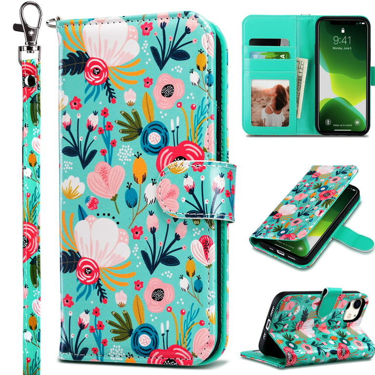ULAK iPhone 11 Wallet Case Women Girls, Kickstand Cover with Card Holder Shockproof Case for Apple 11 6.1 inch, Mint Flora - Walmart.com