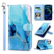 ULAK iPhone 13 Pro Wallet Case for Women Girls, Kickstand PU Leather Phone Case with Card Holder for Apple iPhone 13 Pro 6.1 inch 2021, Marble Abstract Blue