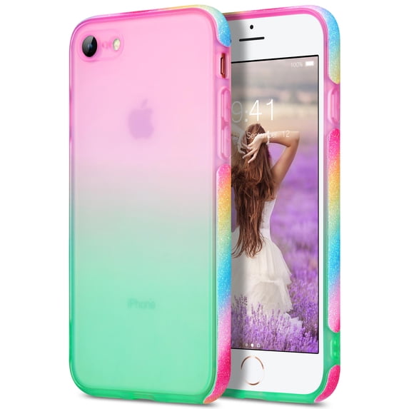 ULAK iPhone 8 & iPhone 7 & iPhone SE 2022/2020 Case for Girls, Stylish Bling Anti Scratch Protective Phone Case for iPhone 7/8/SE 3rd 2nd Generation, Pink Green