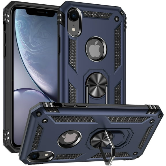 ULAK iPhone XR Case with Ring Holder, Heavy Duty Shockproof Kickstand Phone Case for Apple iPhone Xr for Men Boys Kids, Blue