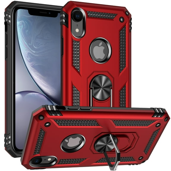 ULAK iPhone XR Case with Ring Holder, Heavy Duty Shockproof Kickstand Phone Case for Apple iPhone Xr for Men Boys Women Girls, Red