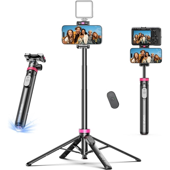 ULANZI 0.01s Auto Pop Open Phone Tripod with Remote, MT44B 59'' Selfie Stick Tripod w Dual Mount for Phone & Camera for Vlog/Live/Travel, Cell Phone Stand 360 Ball Head for iPhone 17Pro Max/Android
