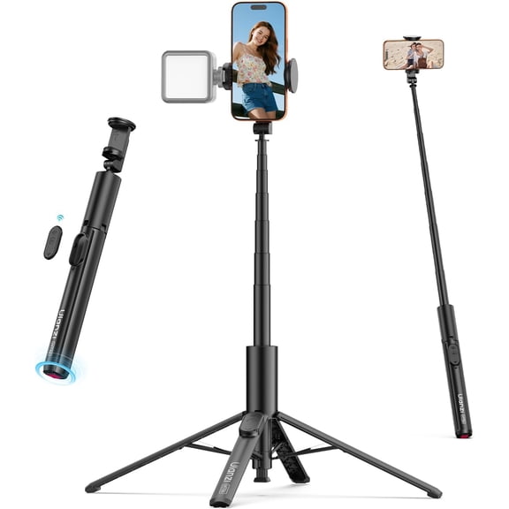 ULANZI MT86 60" Auto-Open Phone Tripod, Bluetooth Remote 4-Leg Aluminum Stand with Cold Shoe, Lightweight Extendable Travel Selfie Stick for iPhone Vlog Live Stream Photography Video Recording Black