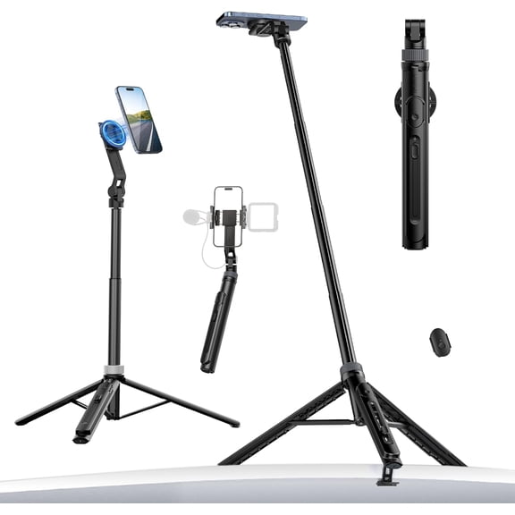 ULANZI TT88 Magnetic Tripod for iPhone 17, 57" Extendable Selfie Stick w Remote, 2-in-1 Phone Clip & Dual Cold Shoe Mounts-Lightweight Phone Tripod Stand for Vlogging, Travel, Video Recording, Black