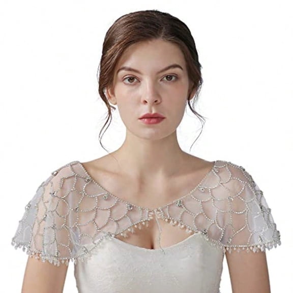 ULAPAN Women's Wedding Jackets Rhinestone Bridal Bolero Shawl Tulle Cape for Bride Bridesmaid Wrap Shrug