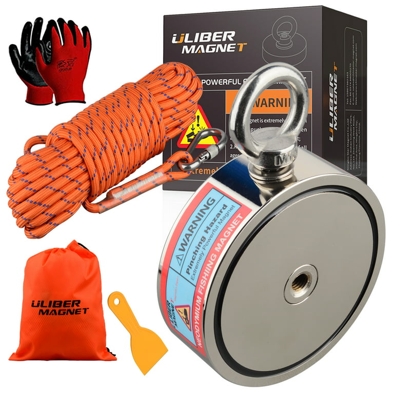 ULIBERMAGNET 2400LBS Fishing Magnet Kit,Double Sided Magnetic Fishing Kit  with High Strength Rope,Heavy Duty Fishing Magnet for Retrieving in River