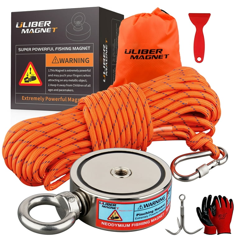 ULIBERMAGNET Double Sided Fishing Magnet Kit, 880lb N52 Neodymium Magnet Fishing Kit Starter with Rope,Claw,Gloves for Magnetic Fishing and Treasure