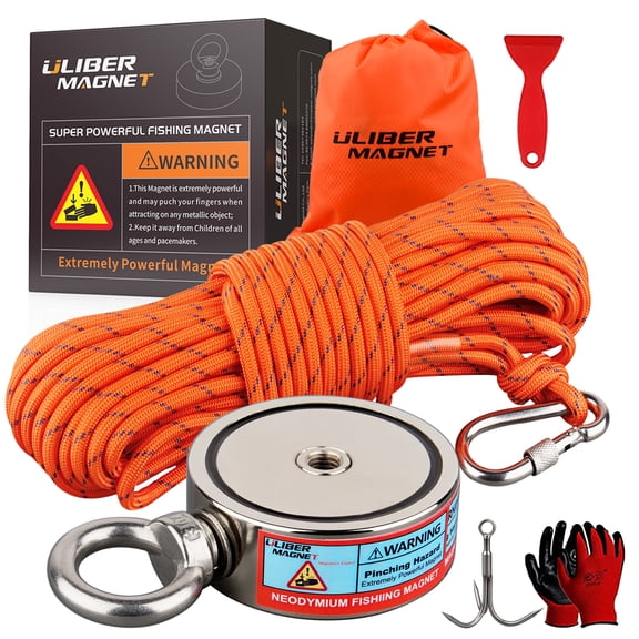 ULIBERMAGNET Double Sided Fishing Magnet Kit, 880lb N52 Neodymium Magnet Fishing Kit Starter with Rope,Claw,Gloves for Magnetic Fishing and Treasure Hunting Under Water
