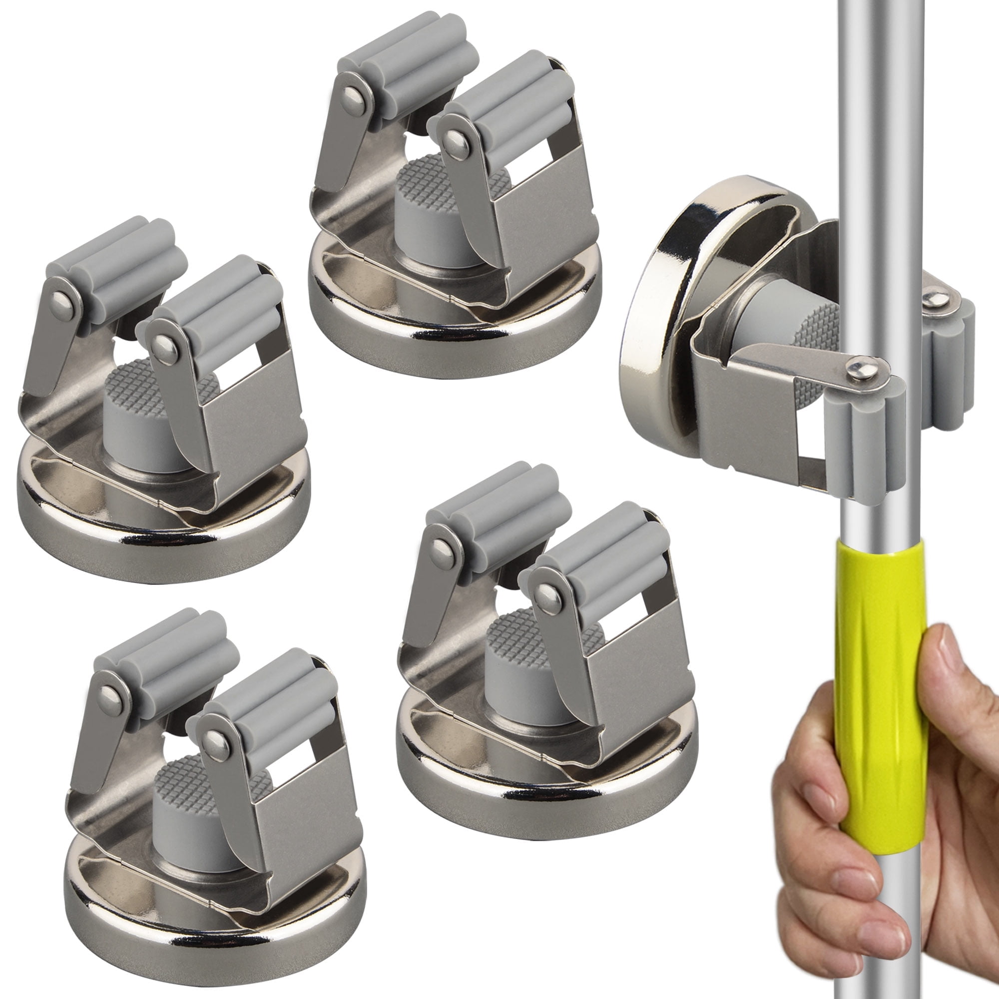 ULIBERMAGNET Magnetic Mop Broom Holder,Heavy Duty Movable Magnetic Tools Holder,Anti-Slip Magnetic Mounted Utility Storage Mop Shovel Hanger for Garage, Kitchen, Laundry, Garden(4 Pack/Silver)