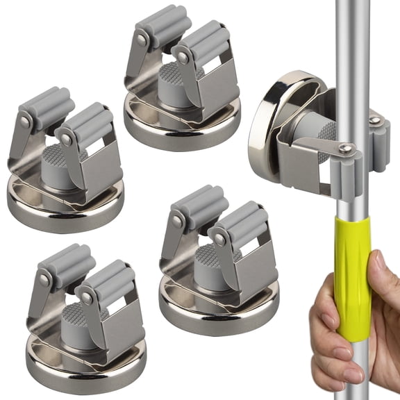 ULIBERMAGNET Magnetic Mop Broom Holder,Heavy Duty Movable Magnetic Tools Holder,Anti-Slip Magnetic Mounted Utility Storage Mop Shovel Hanger for Garage, Kitchen, Laundry, Garden(4 Pack/Silver)