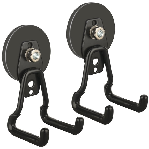 ULIBERMAGNET New Upgraded Large Magnetic Hooks,Strong Heavy Duty Magnet Hooks for Power Drill,Broom,Garden Tools, Pegboard, Garage, Workshop,Hardware, 2 Pack Magnet Storage Holder for Hanging(Black)