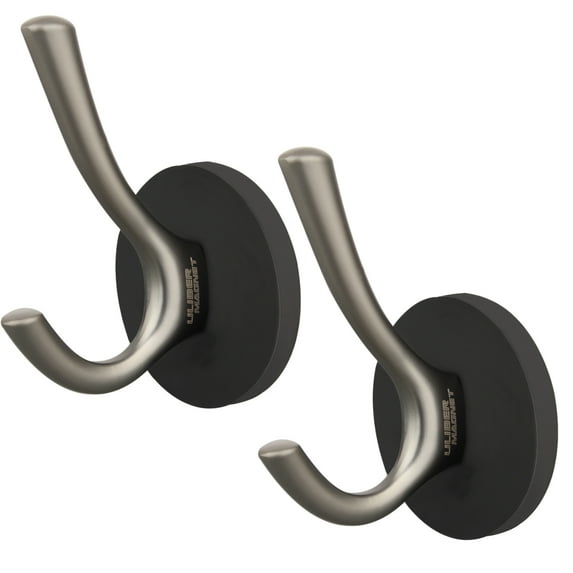 ULIBERMAGNET Strong Magnetic Double Hooks, 2 Pack Heavy Duty Sturdy Coat Magnetic Hangers, Rubber Magnets Large Hooks for Coat Robe Towel Key Hat (Brushed Nickel)