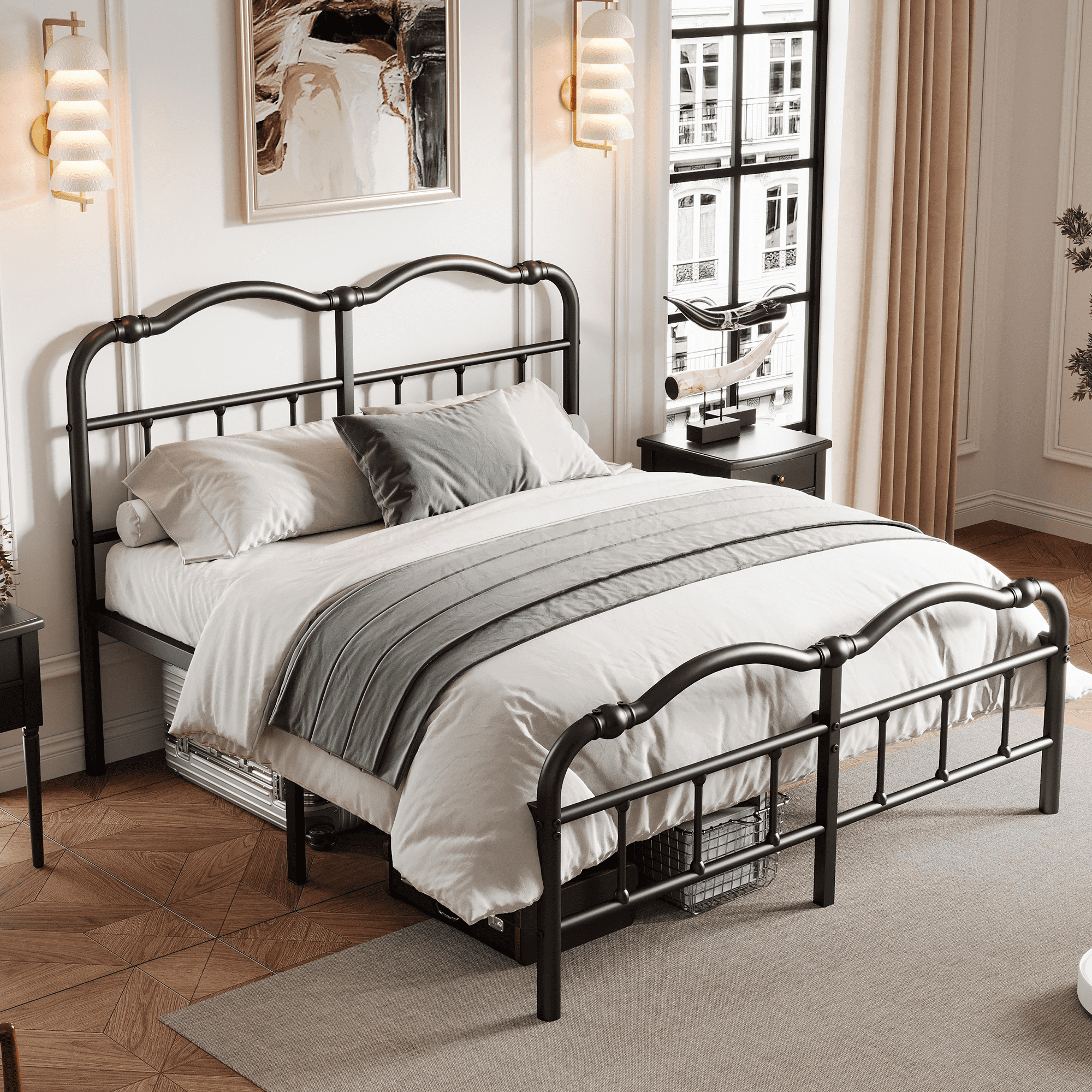 Queen Black Metal Platform Bed Frame with Headboard and Slats