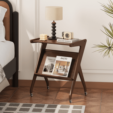 ULIESC Z-Shaped Bamboo End Table with Wheels, Walnut Finish Rolling TV Tray Table for Sofa & Living Room