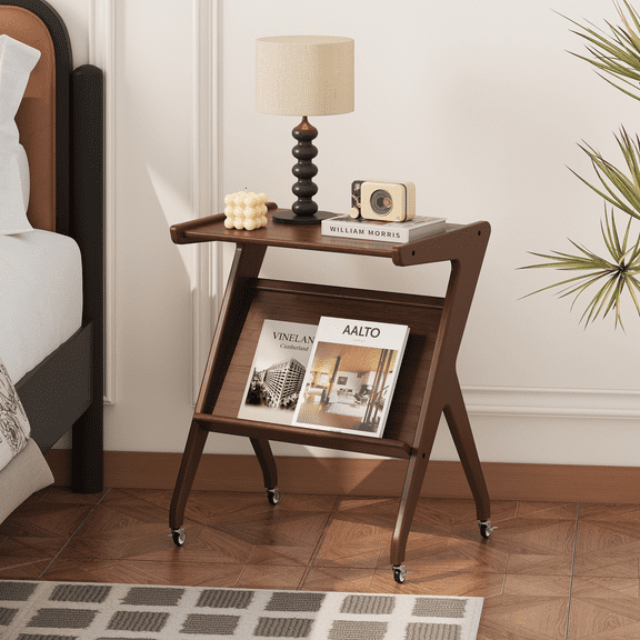 ULIESC Z-Shaped Bamboo End Table with Wheels, Walnut Finish Rolling TV Tray Table for Sofa & Living Room