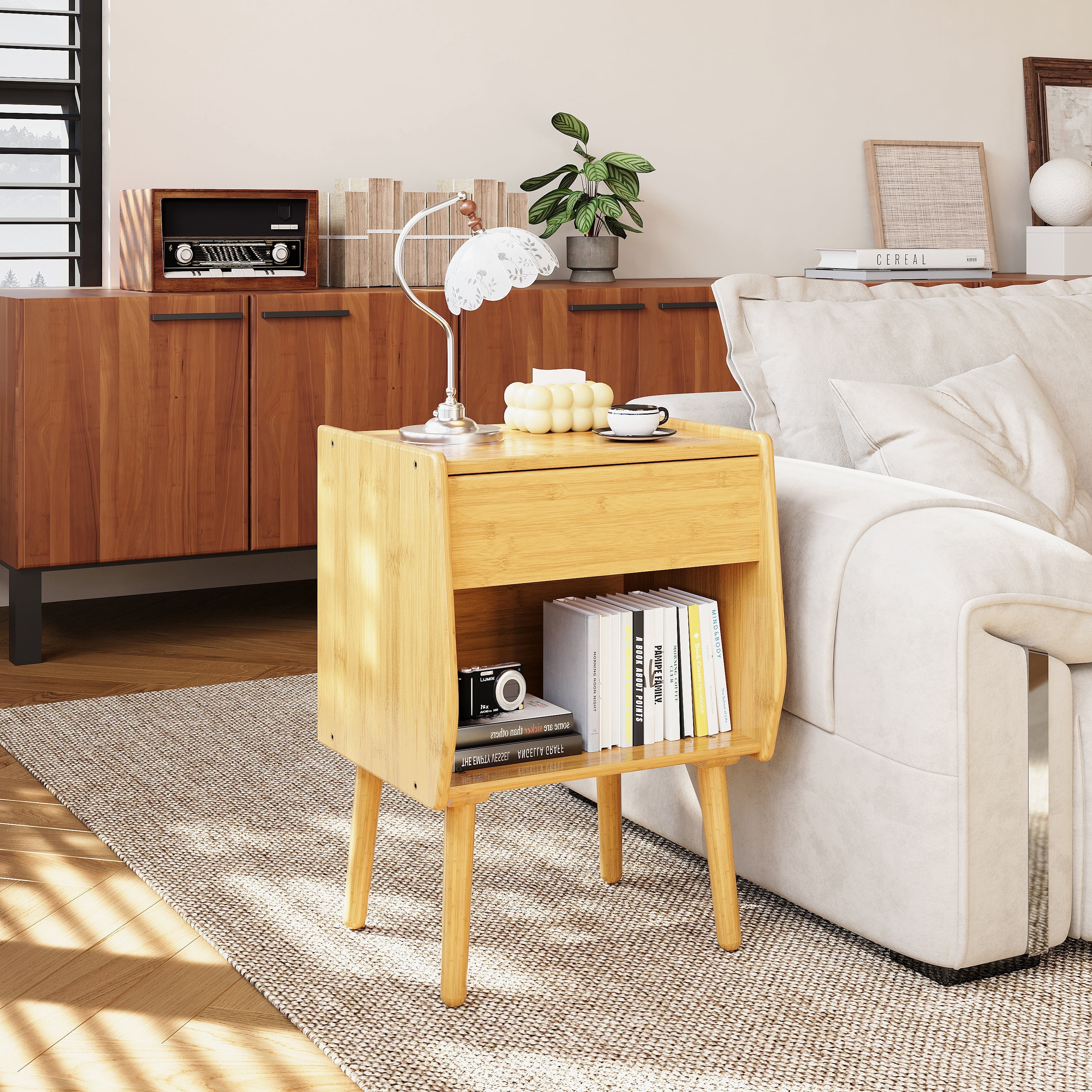 ULIESC Bamboo Nightstand with Drawer, Modern Nightstand with Open Shelf, Natural Wood Bedside Table