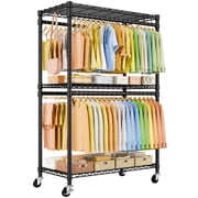 ULIFP5 Plus Rolling Clothes Rack, Clothing Racks for Hanging Clothes, Black | Heavy Duty Garment Rack with Wheels, 3-Tier Shelves, Portable Closet Racks 45''W ×