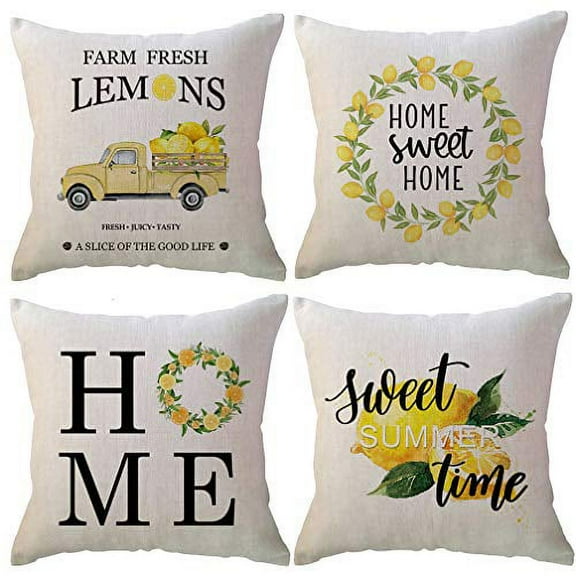 ULOVE LOVE YOURSELF Farm Fresh Lemons Throw Pillow Case Summer Farmhouse Decor Pillow Case Lemon Wreath/Lemon Truck/Lemon Yellow Decorative Cushion Cover 18 x 18 Inch,Set of 4