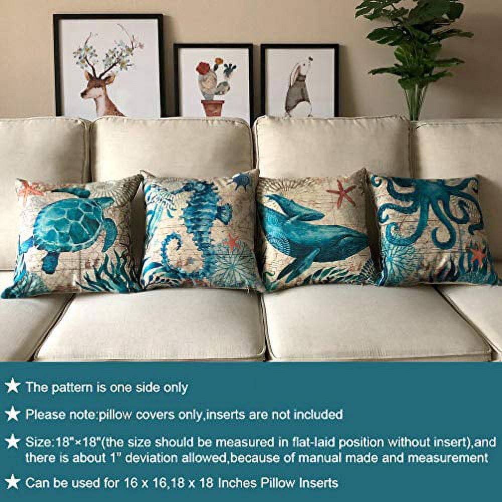 Coastal Cotton Linen 18x18 Inch Nautical Pillow Covers Set