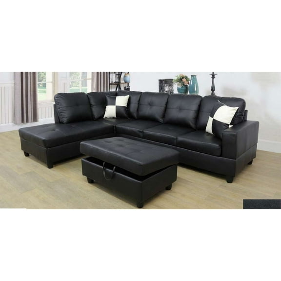 ULT Classic Black Faux Leather Sectional Sofa, Left Facing Chaise, 74.5"D x 103.5"W x 35"H