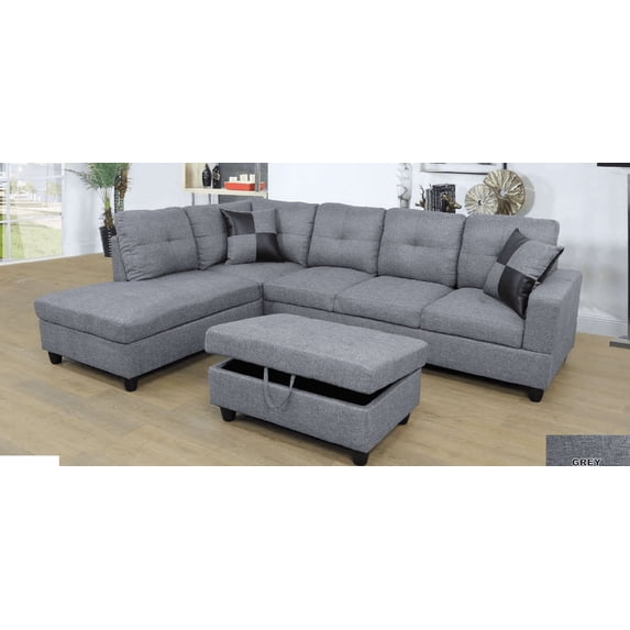 PonLiving Gray MicroFiber Sectional Sofa, Left Facing Chaise, 74.5"D x 103.5"W x 35"H