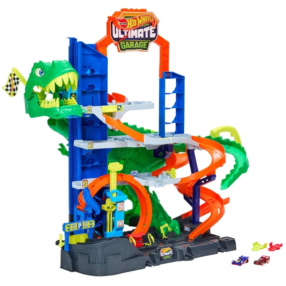 Hot Wheels City Ultimate T-Rex Garage with 2 Toy Cars & Storage for 50+, Race & Stunt, Dino Nemesis