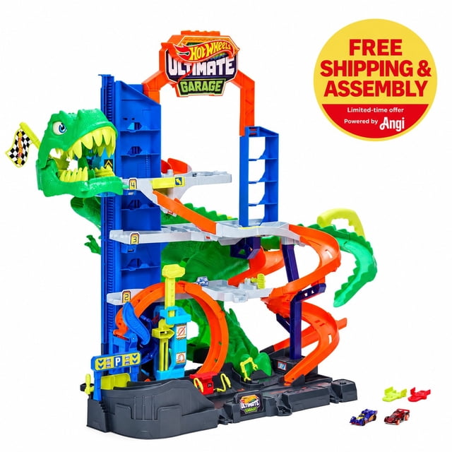 Hot Wheels City Ultimate T-Rex Garage with 2 Toy Cars & Storage for 50+, Race & Stunt, Dino Nemesis