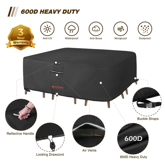 ULTCOVER Smart Selection 111"x74" Patio Table Chair Set Cover - 600D PVC Oxford Fabric, Waterproof, Dust-Proof, Tear & Sun Resistant with Reflective Strips