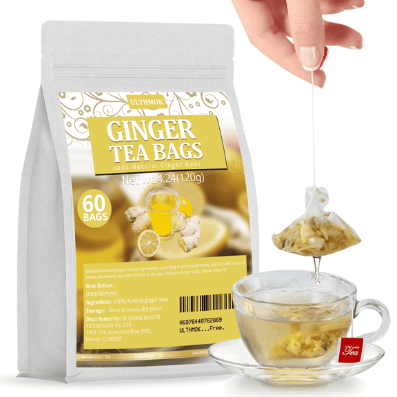 ULTHMOK Ginger Tea Bags(60Bags), Made with 100% Natural Ginger Root, Warm & Spicy,Three-dimensional triangle bag