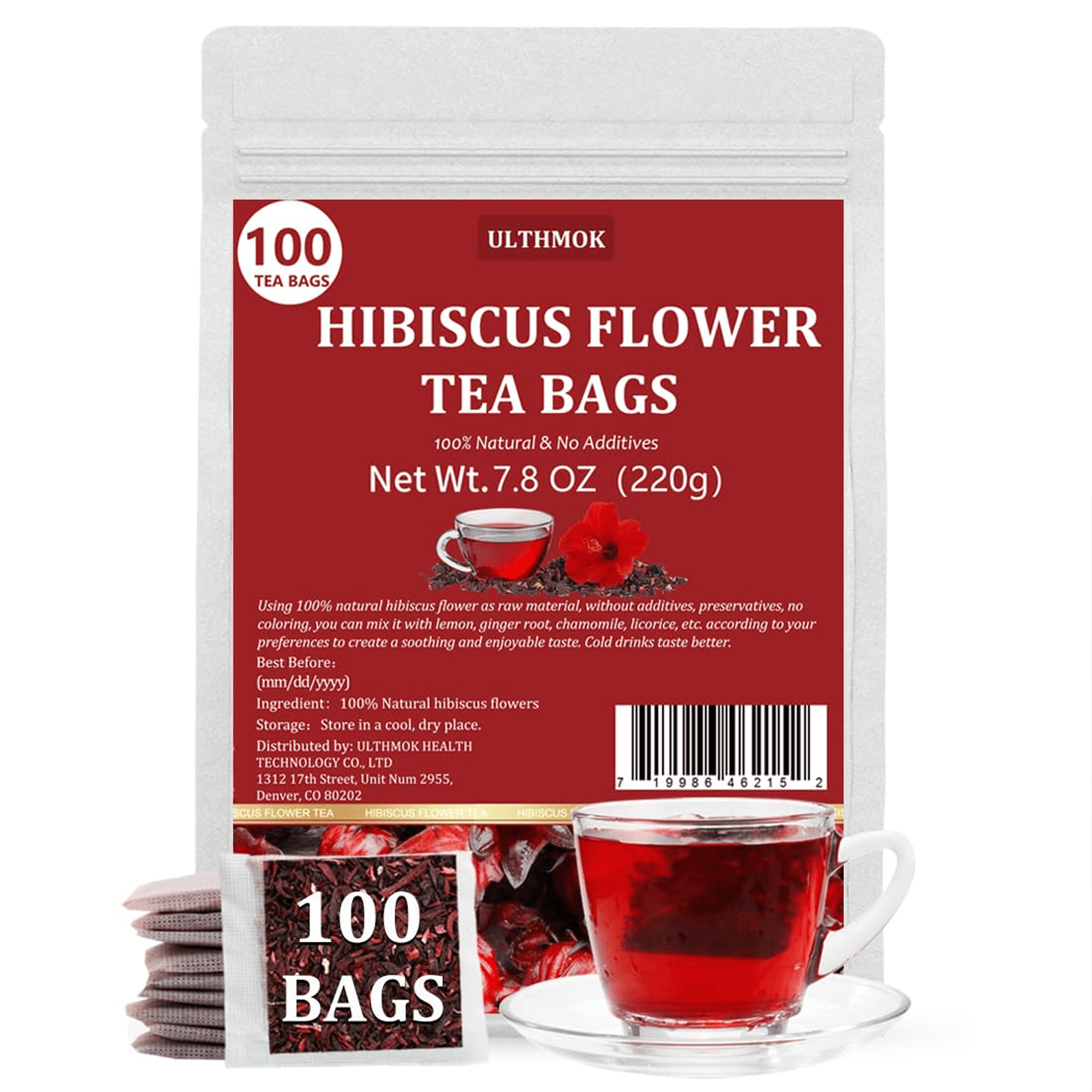 ULTHMOK Hibiscus Tea Bags, 100 Tea Bags, 7.06 Oz, Caffeine-Free, Natural & No Additives