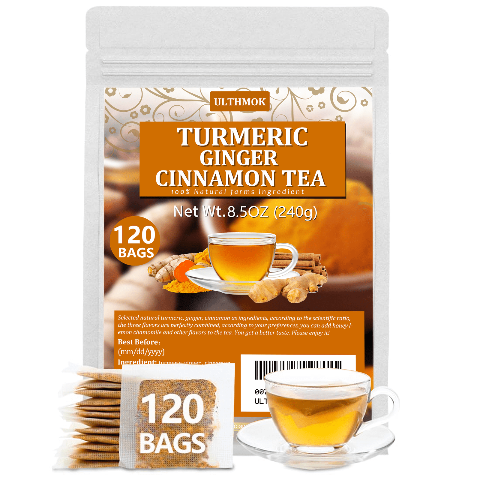 ULTHMOK Turmeric Ginger Cinnamon Herbal Tea Bags 120 Count