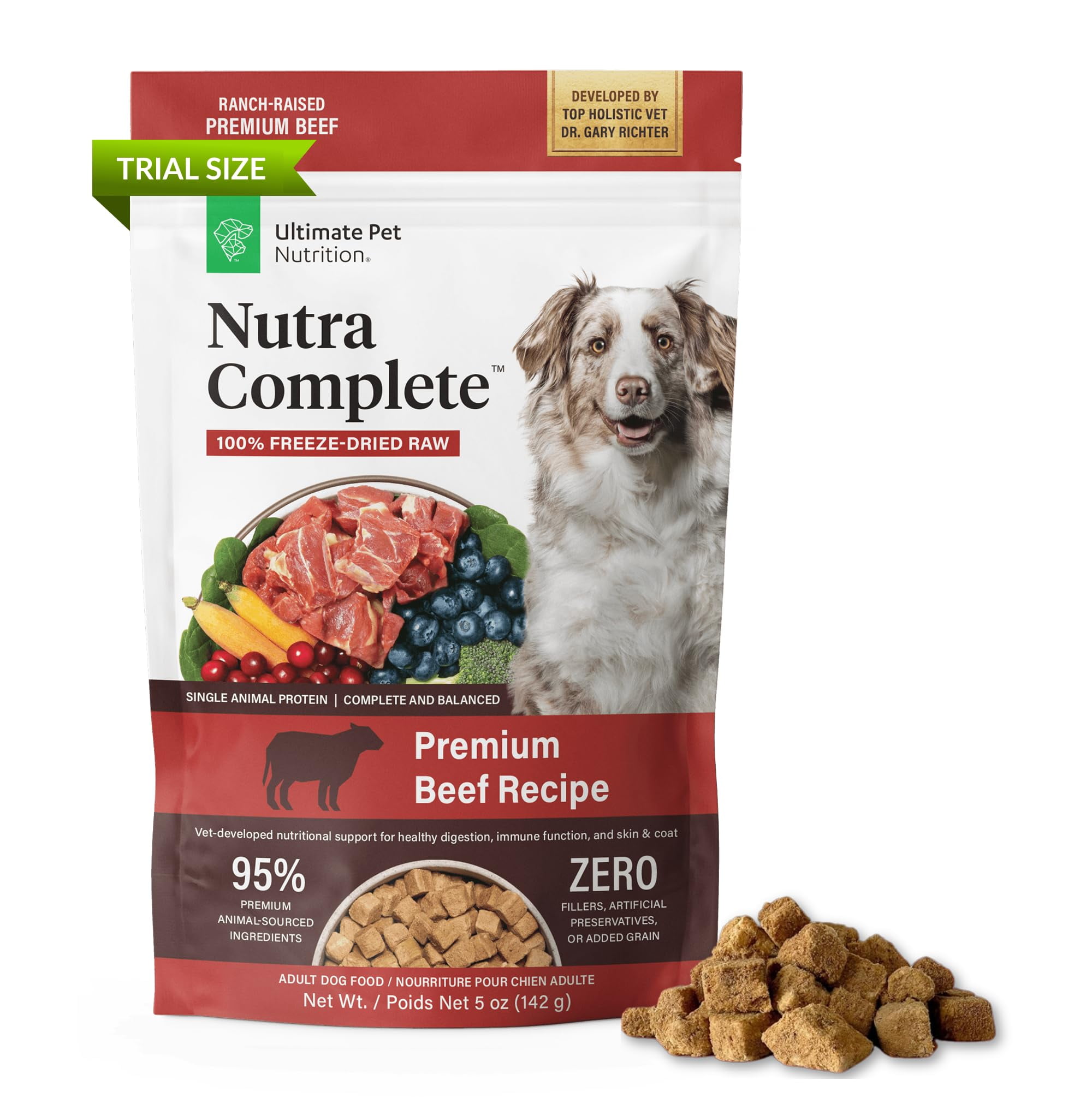 ULTIMATE PET NUTRITION Nutra Complete Freeze Dried Raw Dog Food, Veterinarian Formulated with Antioxidants, Prebiotics & Amino Acids (5 Ounce, Beef)