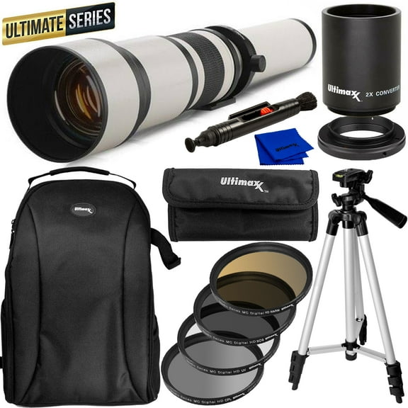 ULTIMAXX 650-1300mm f/8 High Definition Manual Super Zoom Lens (White) Bundle for Nikon DSLRs with 2x Converter, T-Mount, Filter Kit, Backpack, Tripod, Cleaning Pen and Microfiber Cloth