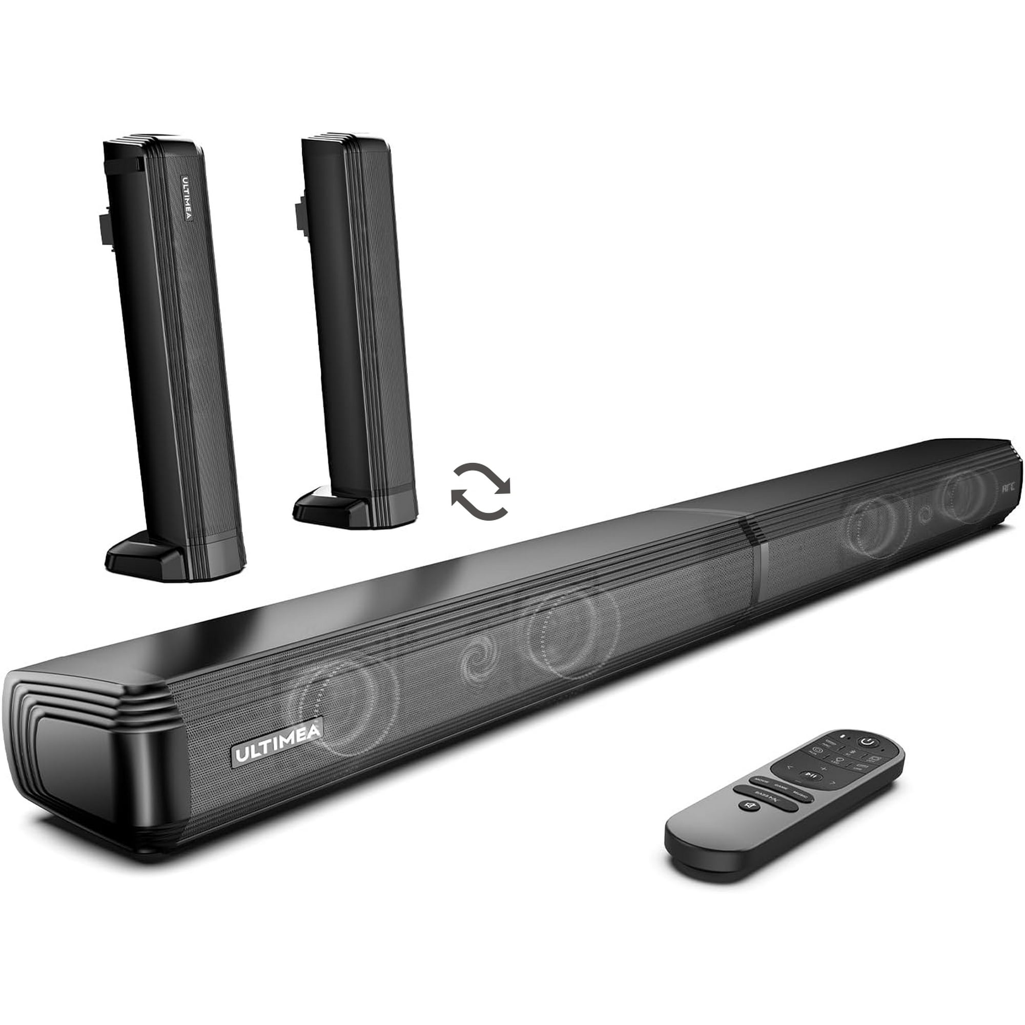 A black soundbar, two speakers, and a remote