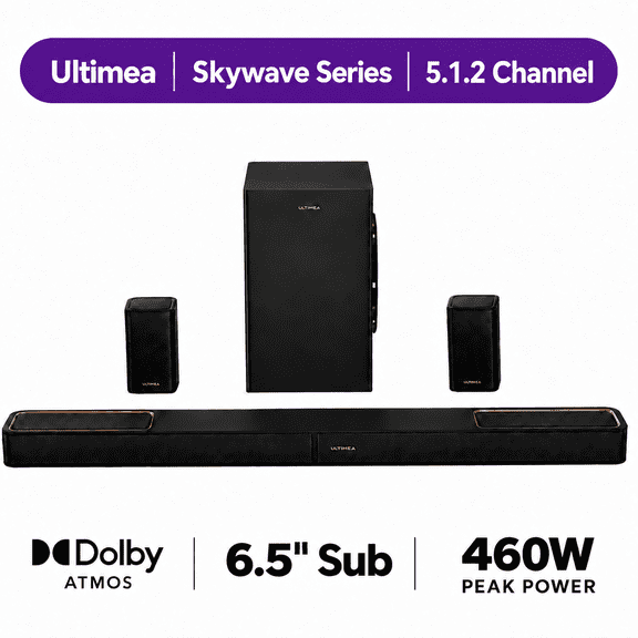 ULTIMEA 5.1.2ch Sound Bar with Dolby Atmos, Surround Sound System for TV with 2 Surround Speakers, Sound Bar for Smart TV, Soundbar with Subwoofer for Home Theater, HDMI eARC, Skywave F40 Boom SE