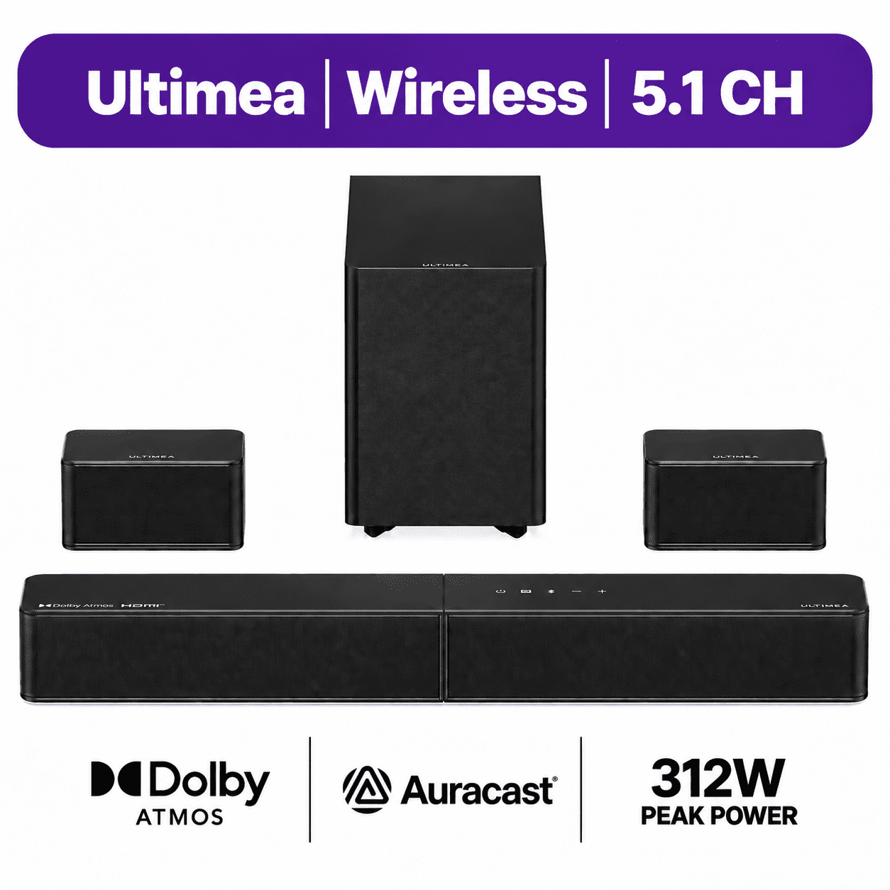 ULTIMEA 5.1CH Dolby Atmos Sound Bar for Smart TV, Surround Sound System with 5.25" Wireless Subwoofer, Home Theater Sound System, TV Soundbar, 2 Surround Speakers, App Control, Poseidon R5T