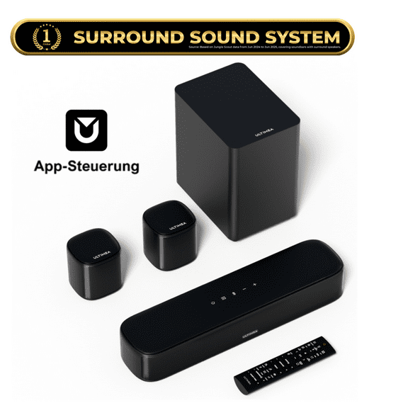 ULTIMEA 5.1ch Sound Bar for Smart TV, Virtual Surround Sound System for TV, App Control, Home Theater Sound System, TV Soundbar with Subwoofer, 2 Surround Speakers, Peak Power 250W, Opt/AUX, Aura A30