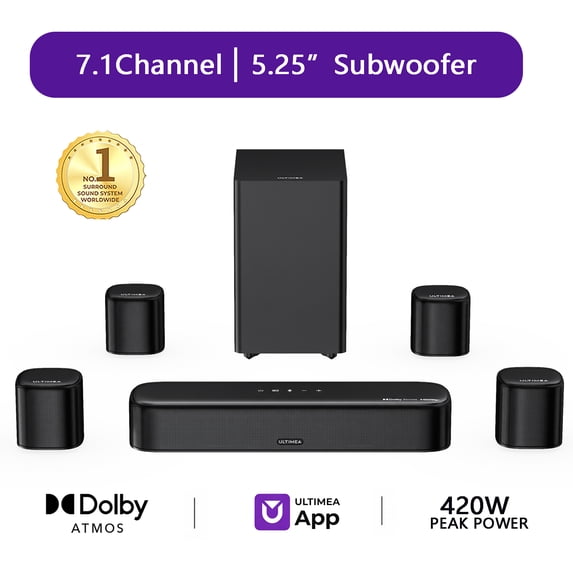 ULTIMEA 7.1ch Soundbar with Dolby Atmos for TV, Surround Sound System with 5.25" Subwoofer, VoiceMX, BassMX, 4 Surround Speakers, 420W Peak Power, HDMI eARC, APP Control, Aura S5T