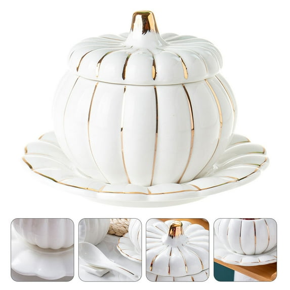 ULTNICE 1set Creative Pumpkin Shape Ceramic Rice Bowl With Trim Includes Double Kitchen Plates For Soups And Dishes