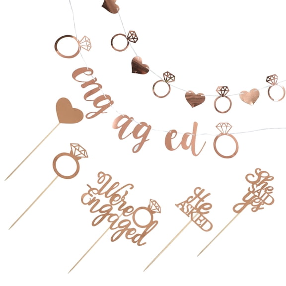 ULTNICE 2Sets Engaged Cake Topper Kit with Golden Paper Banner and Pulling Flags for Elegant Party Decor