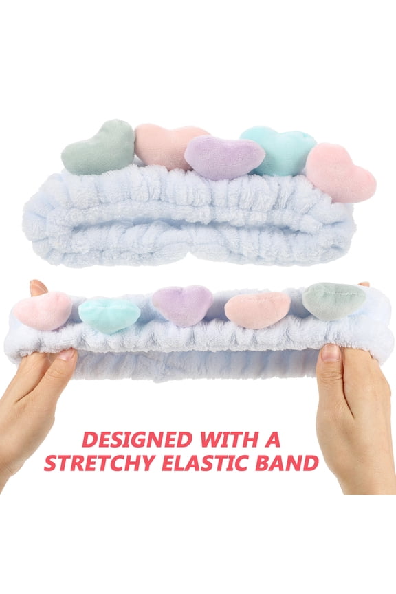 2Pcs Soft Blue Plush Heart Headband Elastic Hair Wrap for Makeup and Face Washing